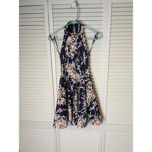 B Darlin Mini Sleeveless Halter Dress Womens/Juniors Sz‎ 0 Navy Blue Pink Floral